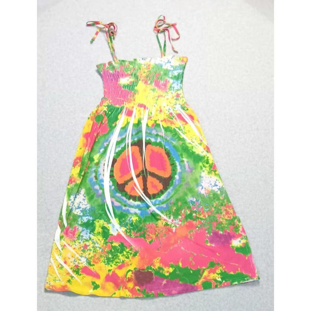 Tiki Palm Mini Dress Womens Size S Tie Dye Cover Up Peace Sign Beach Vacation